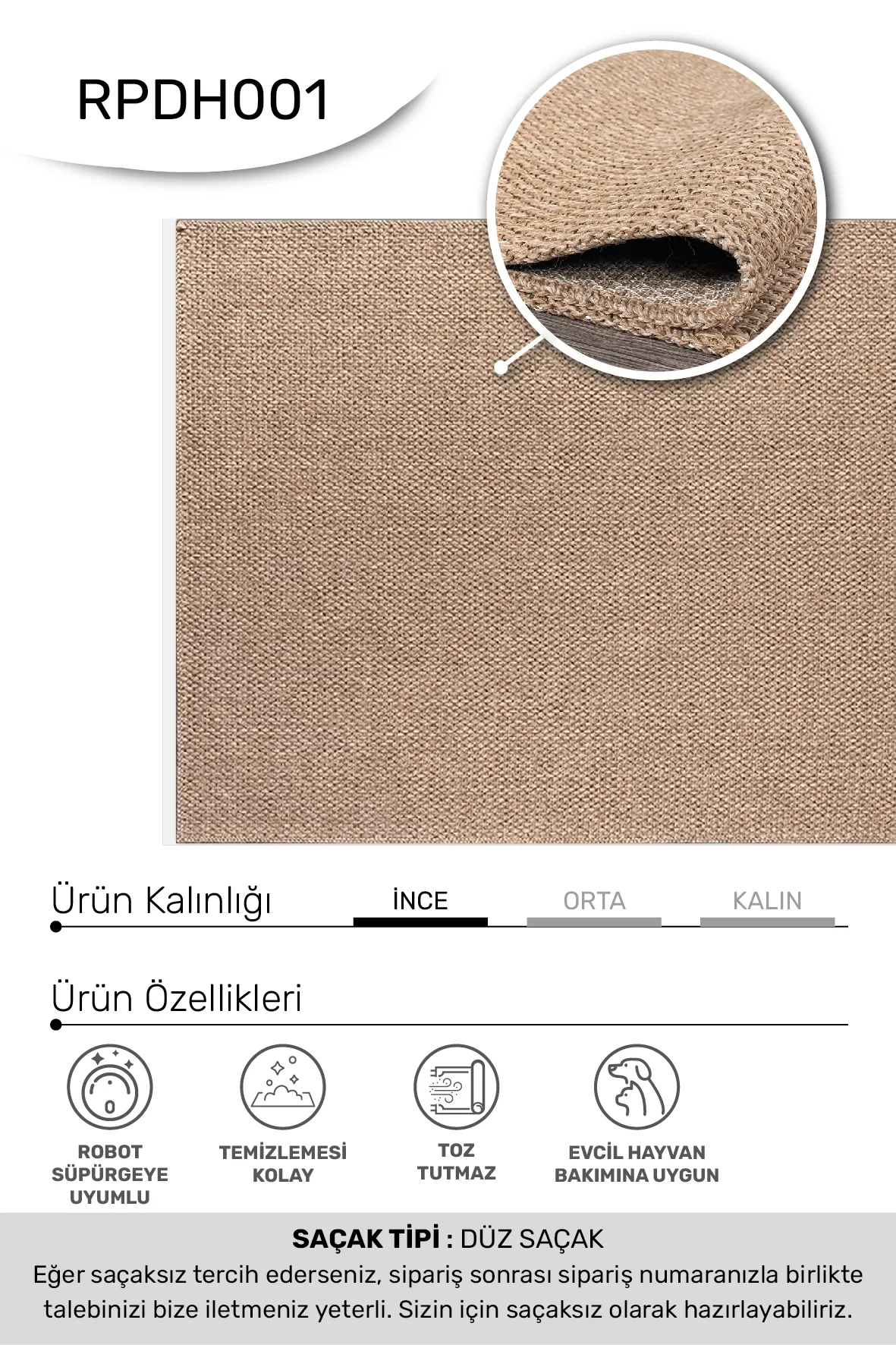 DAFNE-Açık Kahverengi - Özel Ölçü-Mutfak, Koridor-Robot Süpürgeye Uyumlu-Kolay Temizlenebilir-Uygun Fiyat